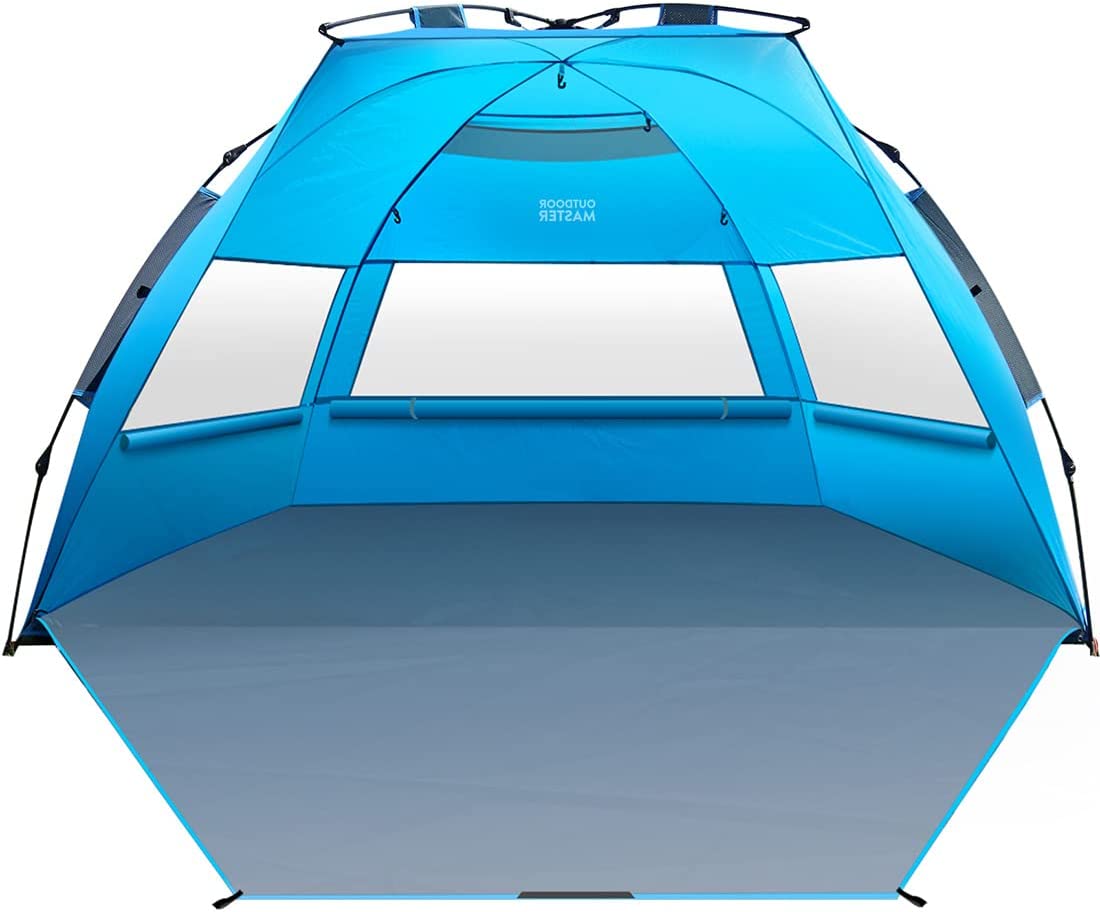 OutdoorMaster 3-4 Personen Strandmuschel Pop Up, Kleines Packmaß Strandzelt mit UPF 50+ UV Schutz, einfacher Aufbau in 60 Sekunden, wetterfestes Campingzelt mit abnehmbarem Dachfenster